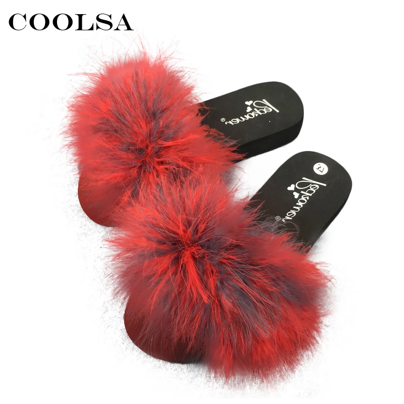 Coolsa/летние женские шлепанцы со страусиными перьями; шлепанцы с пушистым искусственным мехом; Домашние вьетнамки на плоской подошве; разноцветная пикантная обувь для вечеринок