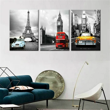 

Living room 3 pieces Paris Tower New York City car prints Big Ben posters home canvas painting wall art decoration can be custom