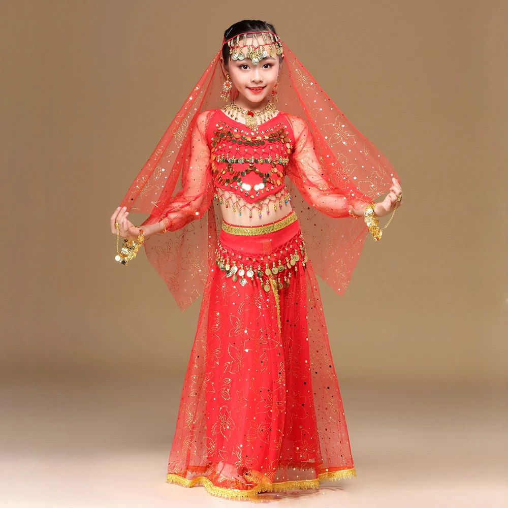 Details about / Kids Belly Dance Costumes Set Chiffon Fabric Coins Tassel Design Top Skirts Veil