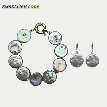 

2018 baroque pearl bracelet Bangles hook dangle earring set gray colorful color flat round coin shape real freshwater pearls