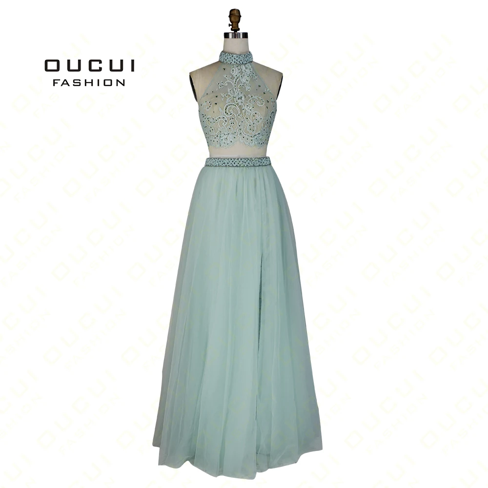 

Lace With Beaded 2019 Prom Dresses Two Pieces Sexy Split Ball Gown Halter Formal Dress Soiree Party Occasion Vestido OL102997
