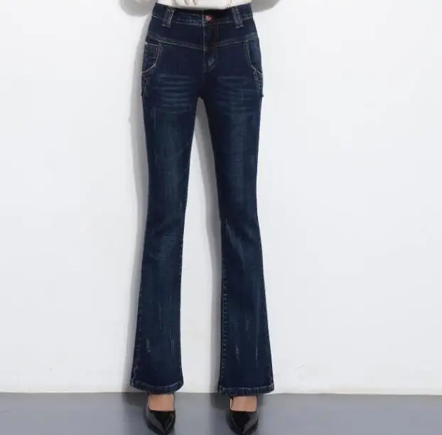 Повседневное джинсы Flare Штаны для женщин большие размеры Полная длина для похудения весна-осень новые модные середины талии брюки ddk0702