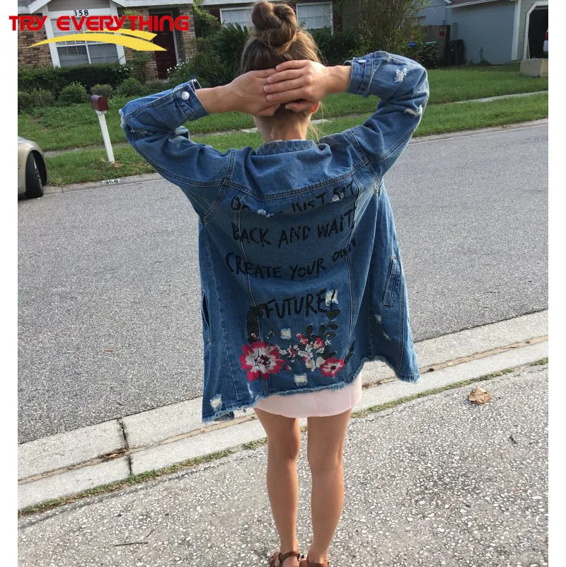 

Try Everything Long Jeans Jacket Women 2019 Embroided Spring Women's Denim Jacket Ladies Floral Jacket Women Coat Woman Clothes