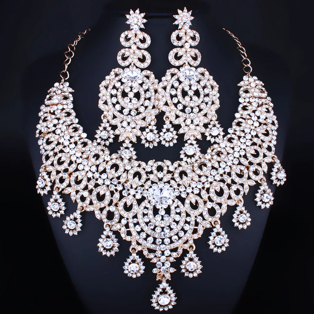 Silver Plated Luxury Moroccan Style Clear Crystal Rhinestones Necklace Earrings Set Women s Wedding Jewelry