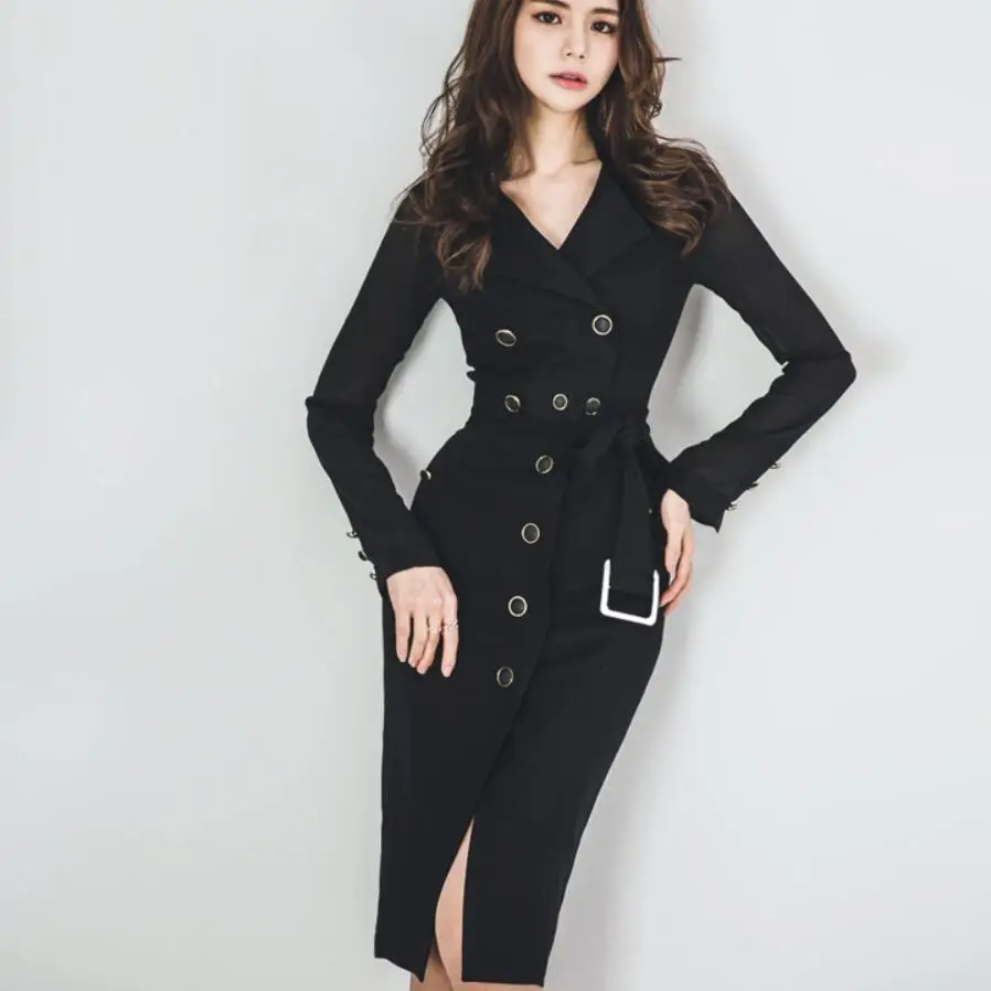

2019 autumn formal Women Long Sleeve Notched Collar Double Breasted office lady slim pencil Dress