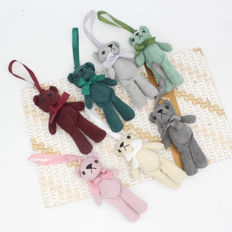 Corduroy Striped Bear Animal Stuffed Plush Toys Brown Bowknot Small Doll Car Bag Pendant Bouquet Wedding Decor Gift KeyChain