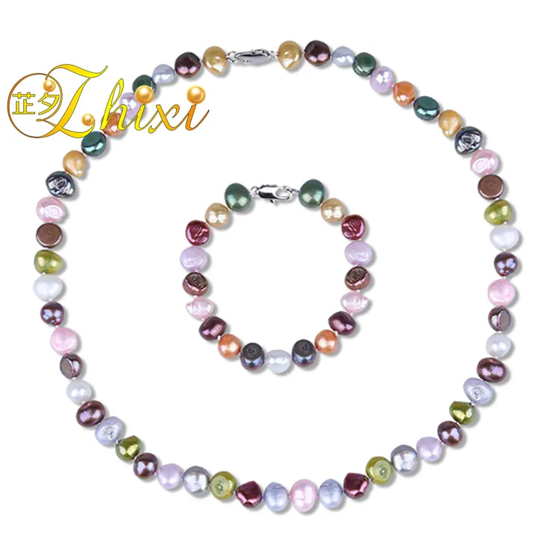 

ZHIXI Baroque Pearl Jewelry Set Real Freshwater Pearl Choker Necklace Bracelet 8-9mm Fine Wedding brands Party Gift T206