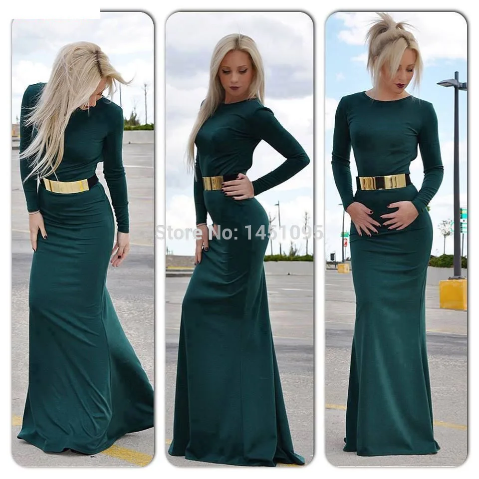 Modest Prom Dresses with Sleeves Dark Green Long Sleeve Evening Dress