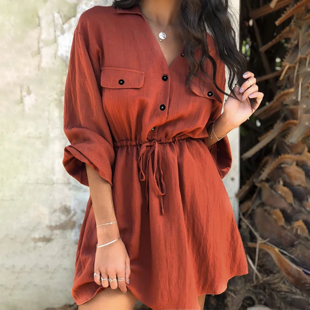 

CALOFE Fashion Linen Short Shirt Dresses Women Long Sleeve Cotton Dress Buttons Female Vestidos Vintage Summer Dresses Casual