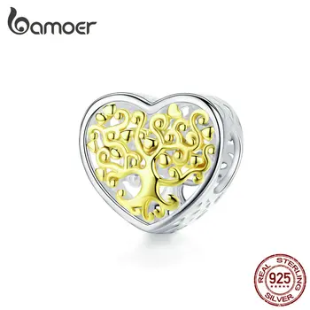 

bamoer Tree of Life Heart Sahpe Beads for Women Jewelry Making Gold Color 925 Sterling Silver Charm Female Bijoux SCC1264