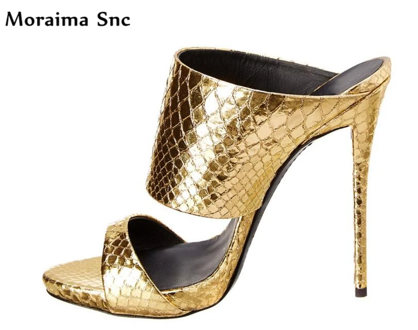 

Moraima Snc newest Popular fashion female Slippers open toe fish printed bling golden platform sexy high heel casual shoes