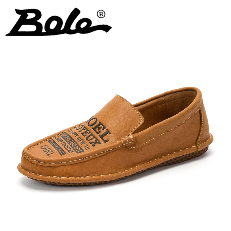 

Men Genuine Leather Peas Casual Cow Leather Shoes for Men Slip on Sewing Round Toe Letter Printed Slip on Spring Autumn Shoes