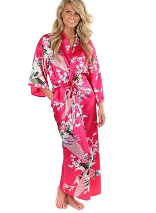 Фирменная Новинка Черный Для женщин шёлковое кимоно, банные халаты, длинная Сексуальная ночнушка, Винтаж печатных Ночное платье цветок размера плюс S M L XL XXL XXXL A-045