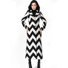 Slim Stripe Cashmere Coat 2016 Autumn and Winter Fashion Turn-down Collar Double Breasted Outwear Ultra Long Women’s Windbreaker