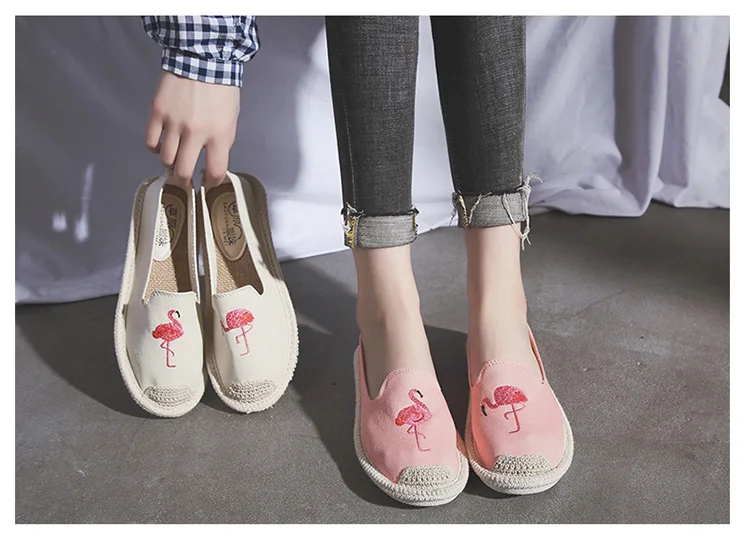 Kalupao 2018 Girls Shoe Embroidery Embroidery  Flamingo Canvas Shoes Summer Flat Asakuchi Fisherman Shoes Breathable Casual Shoe (34)