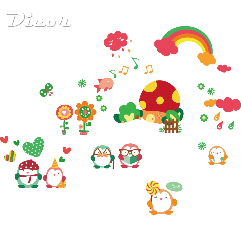 

Penguin Family Big Wall Stickers For Kids Room DIY Colorful Stained Wallpaper Cartoon Decal Anime Poster Mushroom House Kawaii