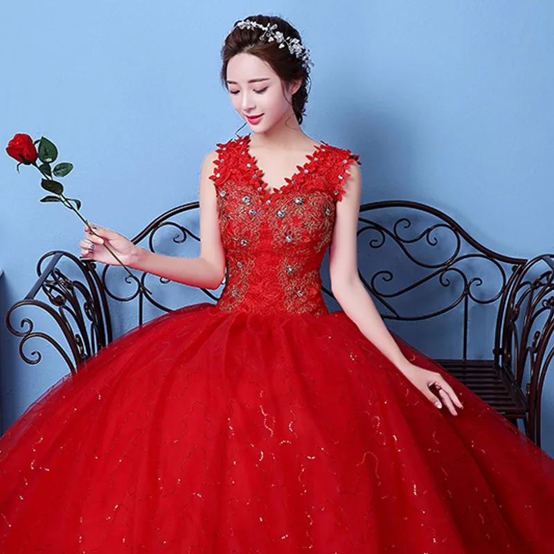 New Design V Neck Lace Wedding Dress Red Color Cheap Tulle Big Bridal Ball Gown Pregnant 7