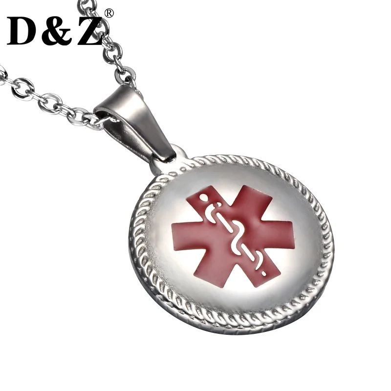D&Z Silver Color Medical Alert Pendant Necklace Stainless Steel Red ...