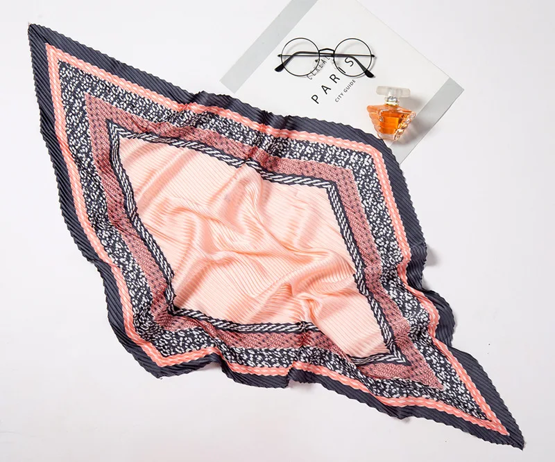 

Women's Small Square Silk Scarf Crinkle Hair Scarfs for Ladies Pleated Scarves Printed Female Soft Foulard Neckerchief 100*30CM