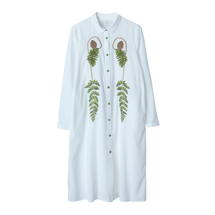 Новое поступление, Женская длинная хлопковая белая блузка с вышивкой в виде листьев, летняя женская белая рубашка с длинным рукавом и отложным воротником, Топ T96412F