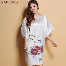 2017 Homewear Sexy Women Summer Silky Nightgown Imitation Silk Nightdress O neck Red Sleepwear Chinese Style