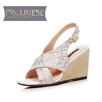 

MLJUESE 2018 women sandals sheepskin Gladiator black color cross-strap peep toe wedges sandalias party dress sandals