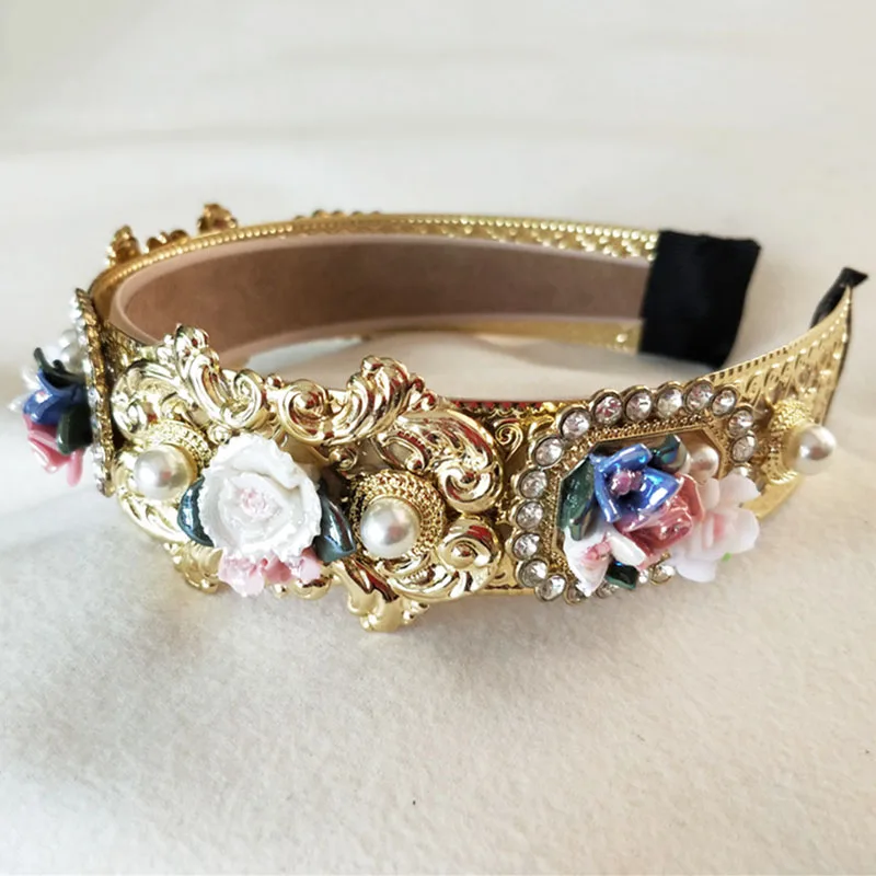 Skup Modne perły Rhinestone Retro pałac barokowy stroik korona luksusowa aksamitna opaska do włosów karta ślubna akcesoria do włosów