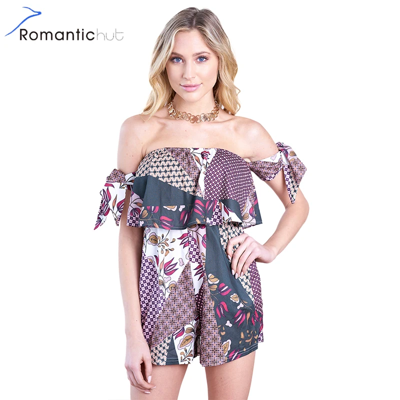 Romantichut Off Shoulder Ruffles Strapless Sexy Playsuit Women Print 