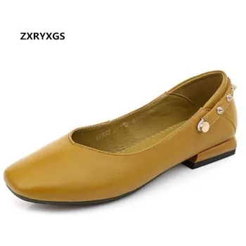 

2019 New Square Head Soft Bottom Rivet Soft Genuine Leather Shoes Comfort Low-heel Shoes Woman Shoes Casual Non-slip Plus Size
