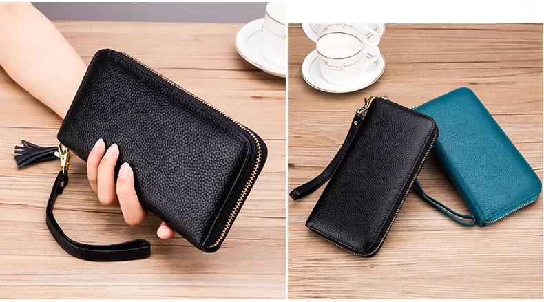Lomelobo Unisex Tassel Long Wallet Genuine Leather Women Men Litchi Cowhide Leather portomonee Boy Girl Credit Card Holder Purse HPLA218 Details (11)