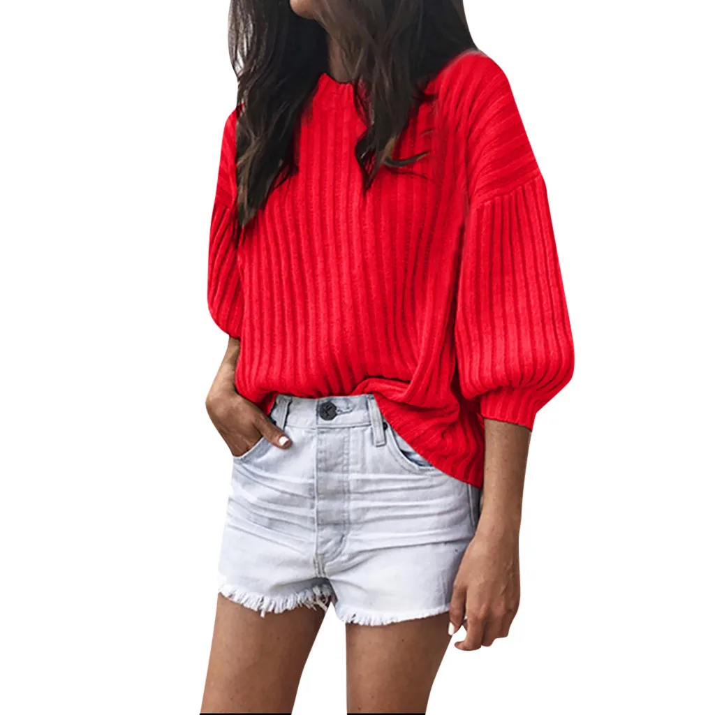 SAGACE, осень, рукав-фонарик, обычный вязаный свитер, Женский пуловер, топы, блуза, высокое качество, Повседневный Женский пуловер, свитер - Цвет: Красный