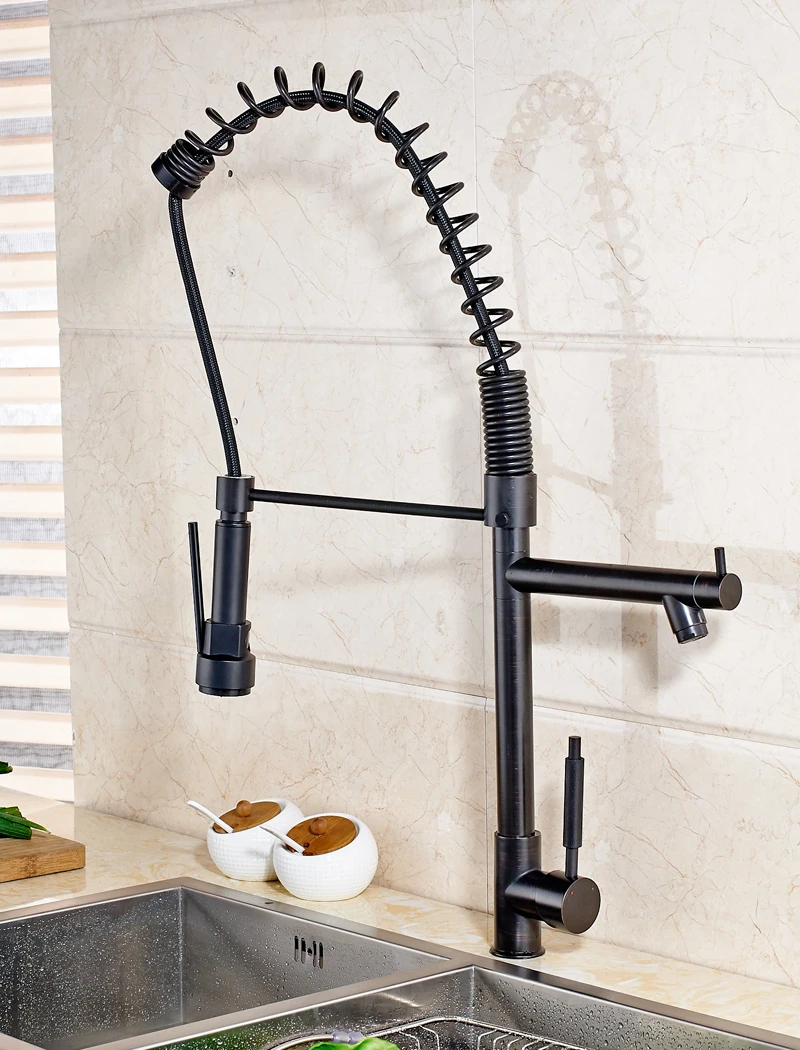 Oil Rubbed Bronze Finished Deck Mounted Kitchen Sink Faucet 2 Swivel Spouts Mixer Tap