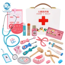 Деревянная игрушка Косплей доктора для девочек, портативная медицинская коробка для моделирования, медицинская коробка, набор для доктора, инструмент для инъекций, домашний стетоскоп