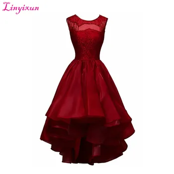

Linyixun Real Photo Sexy Scoop Lace Short Prom Dresses 2017 Ball Gown Ruffles Organza Cocktail Dress Knee Length Evening Dresses