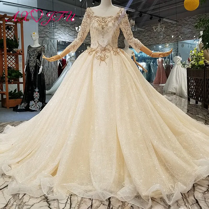 

AXJFU luxury princess o neck illusion golden flower wedding dress vintage turkey beading wedding dress 100% real photo 321454