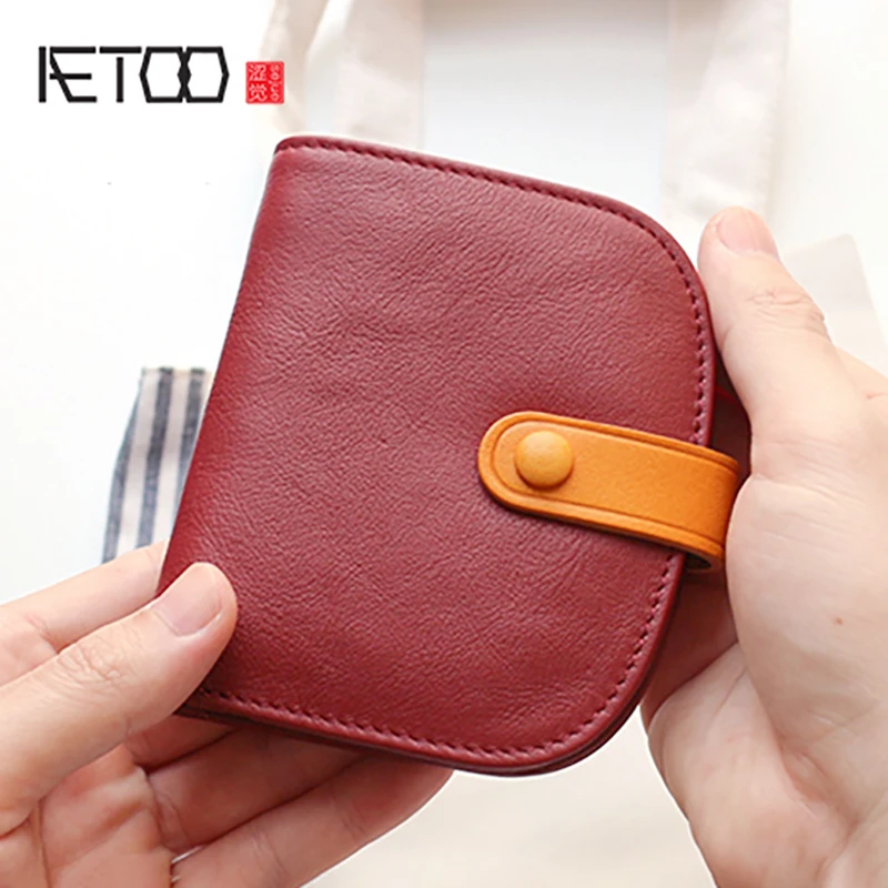 

AETOO Small wallet tanning cowhide retro color buckle short photo bit coin Wallet Leather card bag