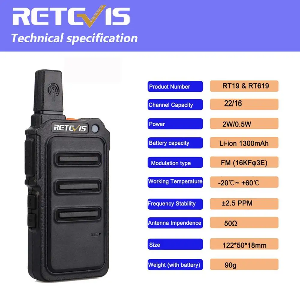 Рация RETEVIS RT19/RT619 PMR FRS/PMR446 2 шт. аппарат для радиосвязи VOX с функцией скачкования