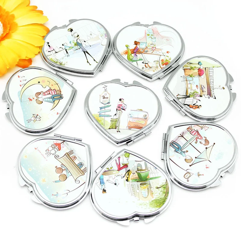 

JEAN MISS Makeup Mirror Heart Shaped Sticker 1Pcs Creative Folding Mini Portable Pocket Double Face Metal Mirrors Cosmetic tools