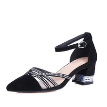 2017 neue damen schwarz schaffell starke ferse sandalen mode frauen sommer knöchelriemen kristall partei pumpen mädchen schuhe FN636
