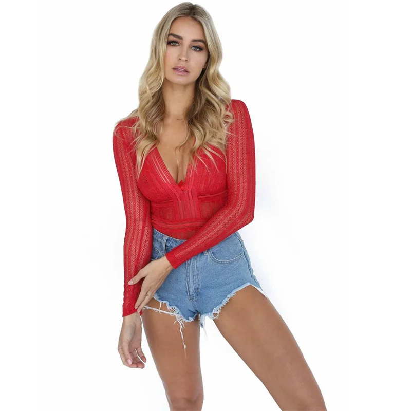 fall 2018 Sexy Bodysuit Women backless long sleeve striped deep V Lace Jumpsuit Black White Rompers autumn Red