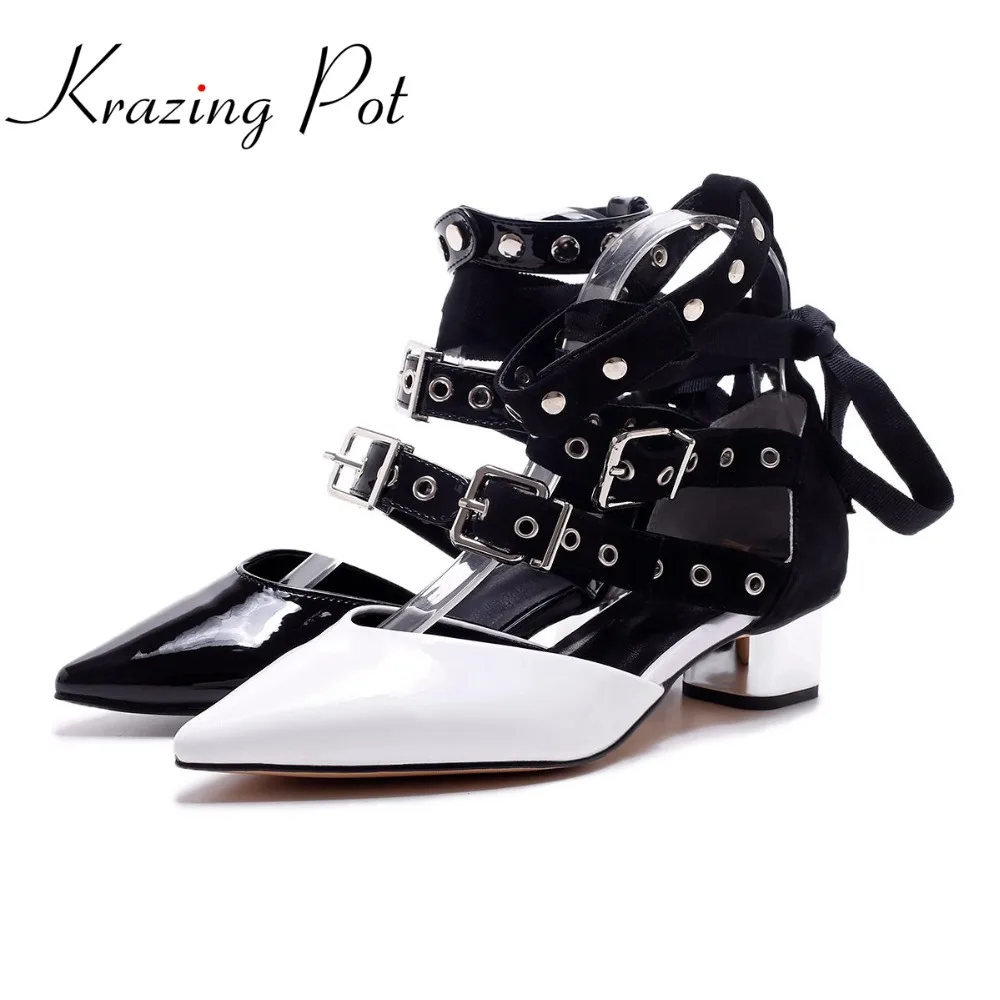 

KRAZING POT new genuine leather metal rivets Fasteners patent leather ankle lace up shallow medheels pumps pointed toe pumps L65