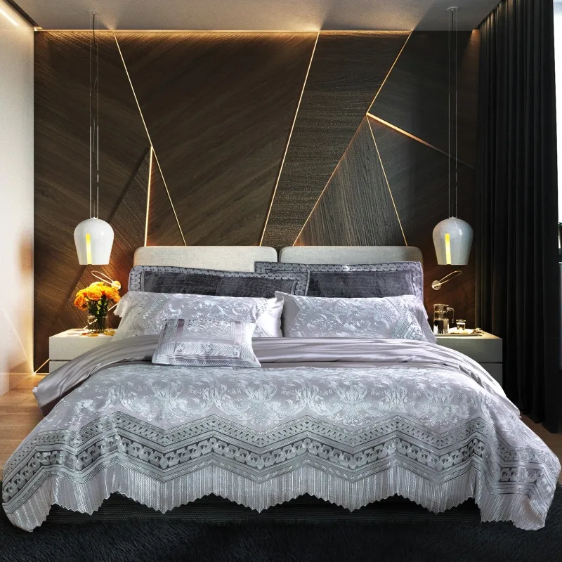 

1/4/6 pcs Jacquard gray Comforter Bedding Sets satin Super King Bed Linings lace Duvet Cover Bed Sheet Pillowcases Cover Set