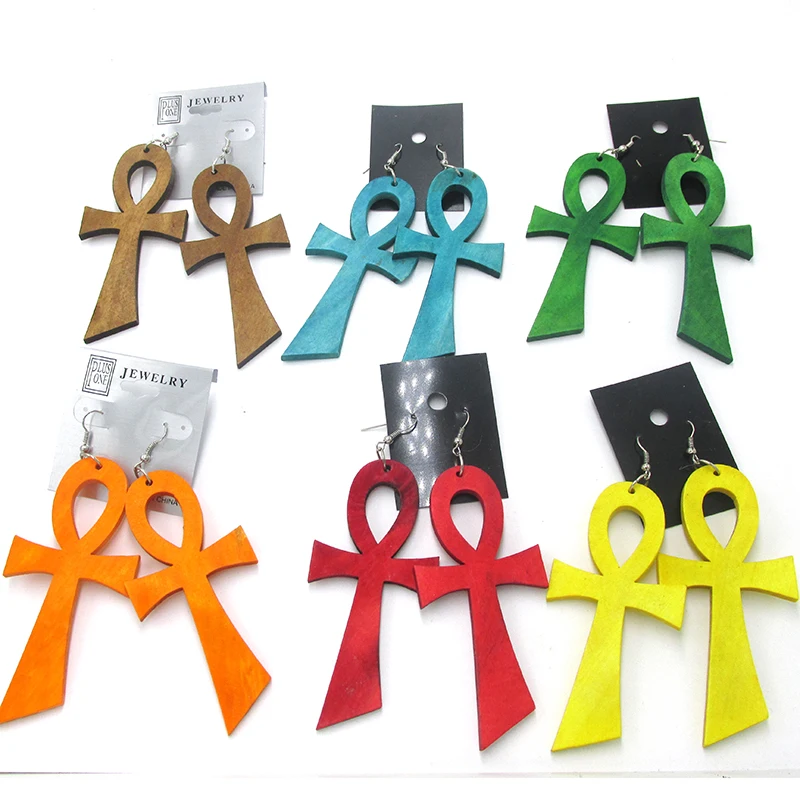 

7pair/lot Big Size 8cm Ankh Wood Earrings can mixed 6 colors