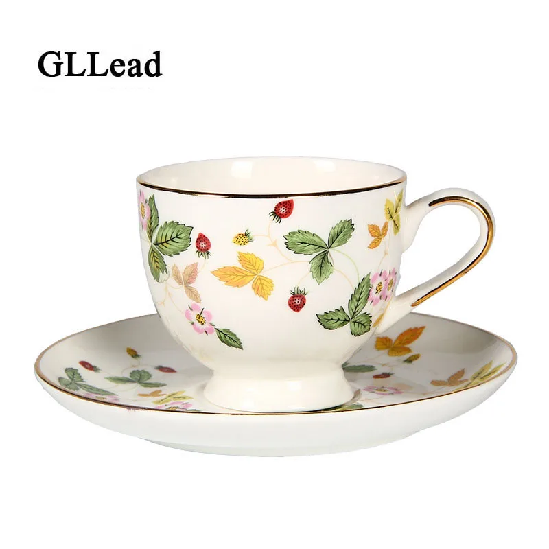 

GLLead British Style Bone China Coffee Cup Saucer Set Fashion Strawberry Flower Ceramic Tea Cups Home Afternoon Teacup Porcelain