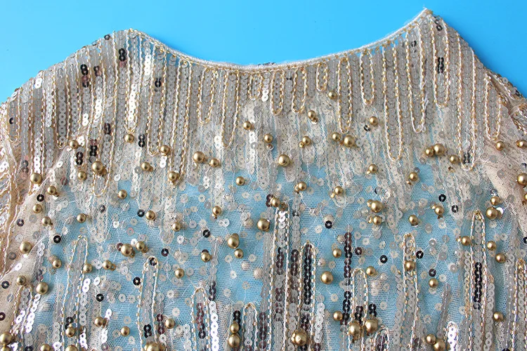 Высокая уличная подиумная Женская туника, сексуальная, с длинным рукавом, перспективная, марлевая сетка, кружевная рубашка, расшитая блестками бисером, украшенная бриллиантами, блузка, Топ