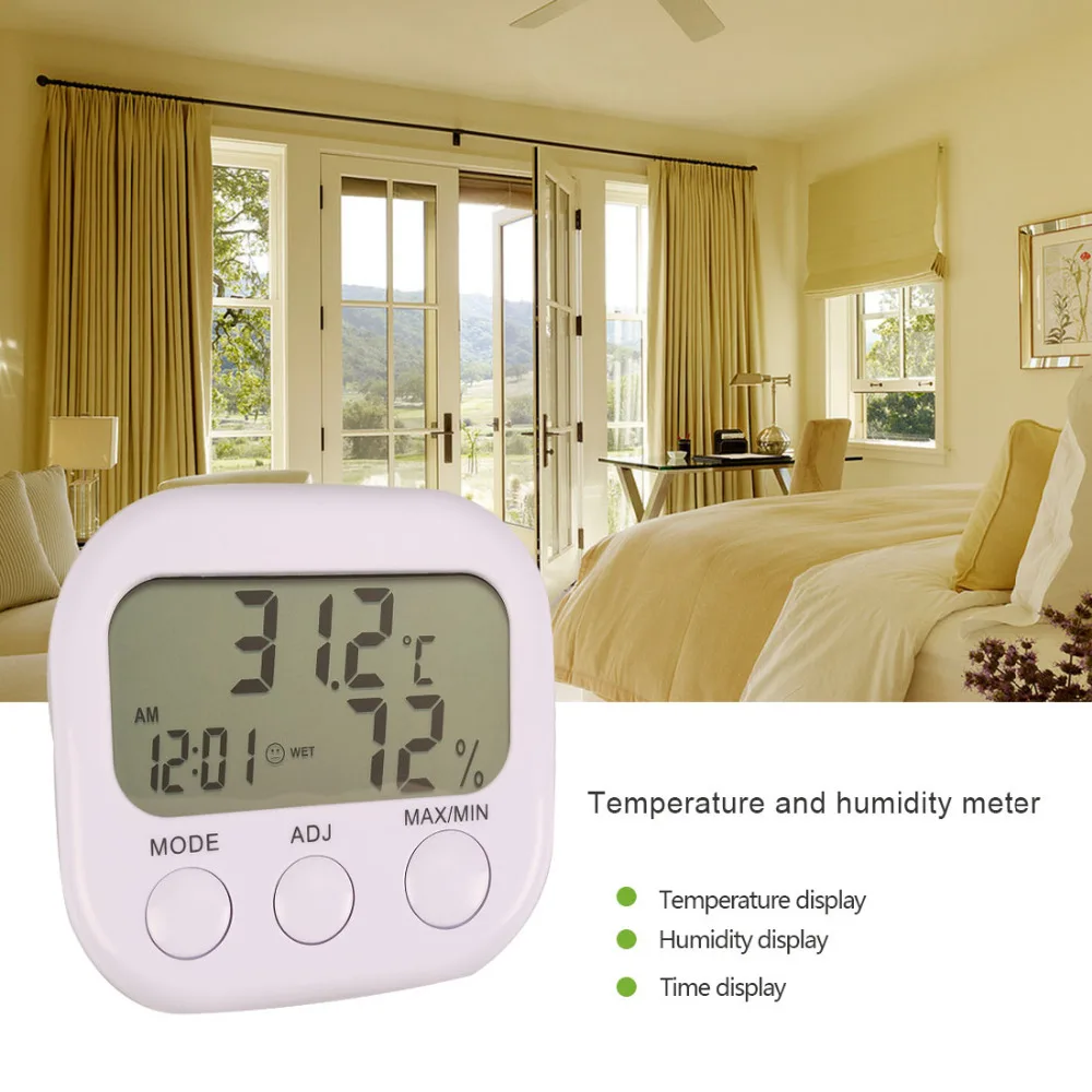 New Weather Station LCD Digital Thermometer Hygrometer Temperature Humidity Meter Gauge With Clock