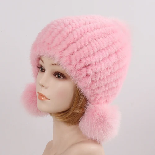Новая русская женская натуральная норковая меховая шапка зимняя теплая натуральная помпоны из лисьего меха шапки женские вязаные роскошные шапки из натурального меха норки - Цвет: pink