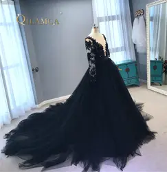 Длинное вечернее платье 2017 с длинным рукавом Тюль бальное Пышное вечернее платье платья для женщин черный кружево особых случаев арабски