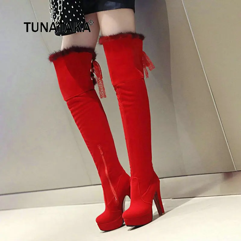 

Flock Platform Square High Heel Side Zipper Woman Over The Knee Boots Fashion Lace Up Ladies Thigh Boots Black Red