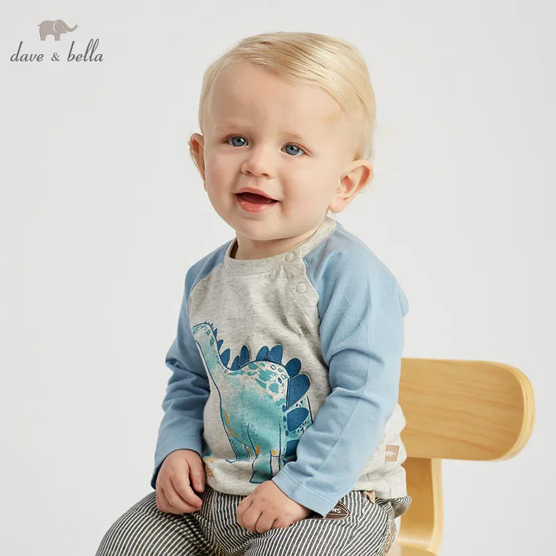 

DBM10332 dave bella spring baby Dinosaur T-shirt children long sleeve tops infant toddler high quality tops kids lovely tees